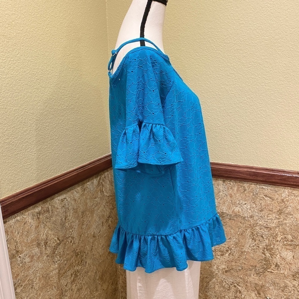 MICHAEL MICHAEL KORS Womens Blue Ruffled Elbow Sleeve Off Shoulder Top Sz Large - Picture 3 of 13